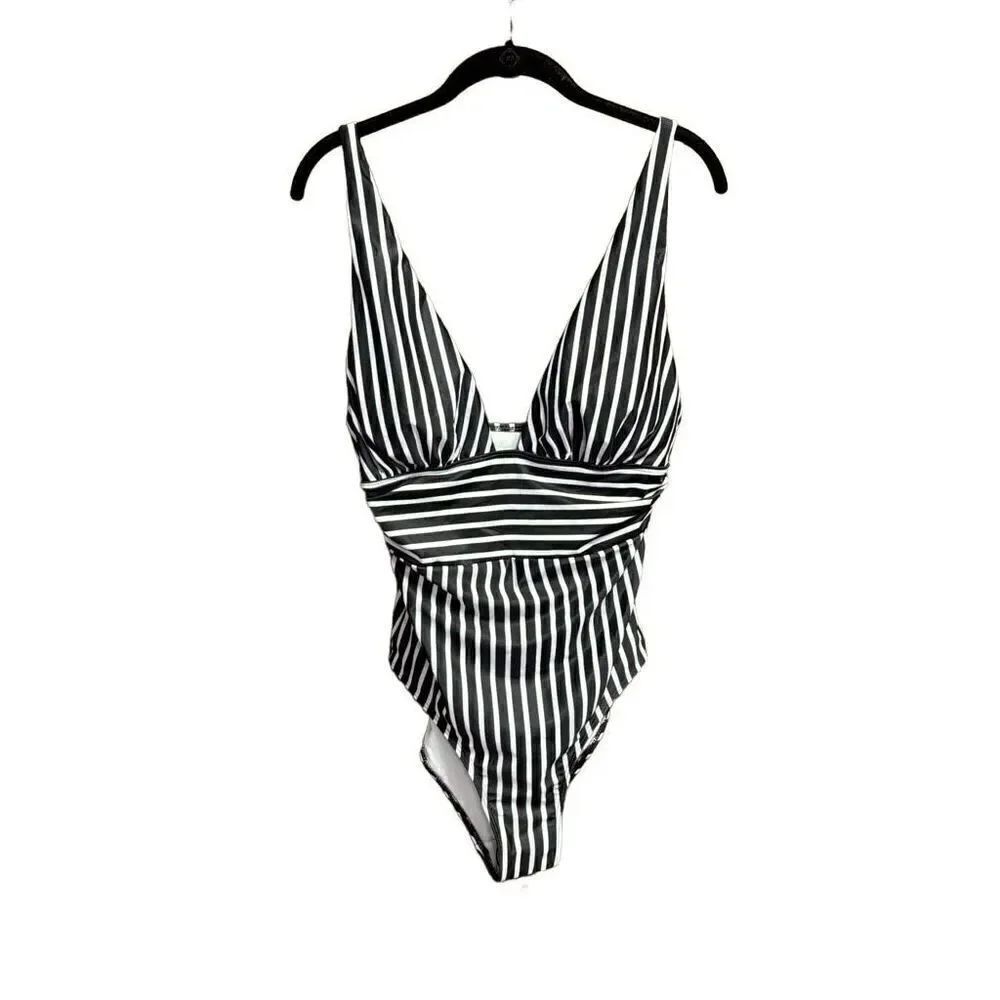 Shein Black & White Ruched One Piece Swimwear Size XL NEW